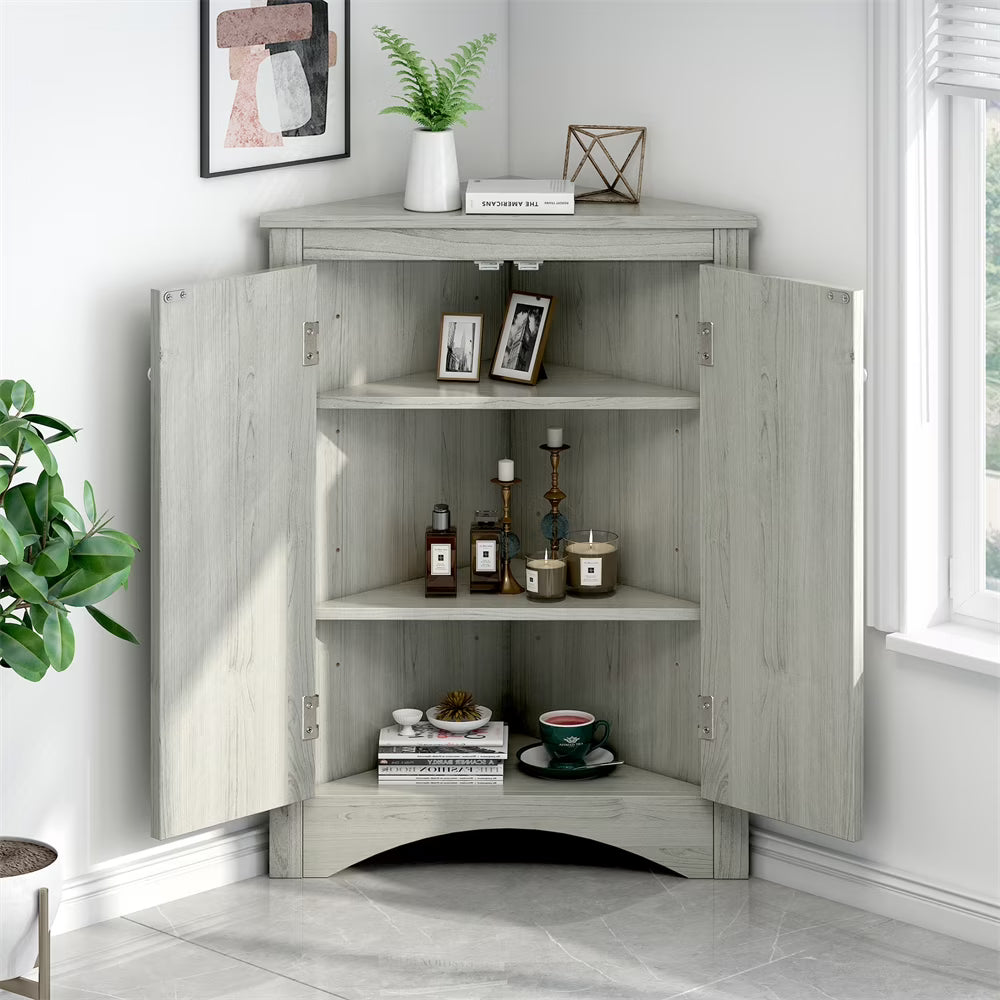 Home Floor Corner Cabinet with Adjustable Shelves and Two Doors, Triangle Bathroom Storage Cabinet, Modern Style Freestanding Floor Cabinet for